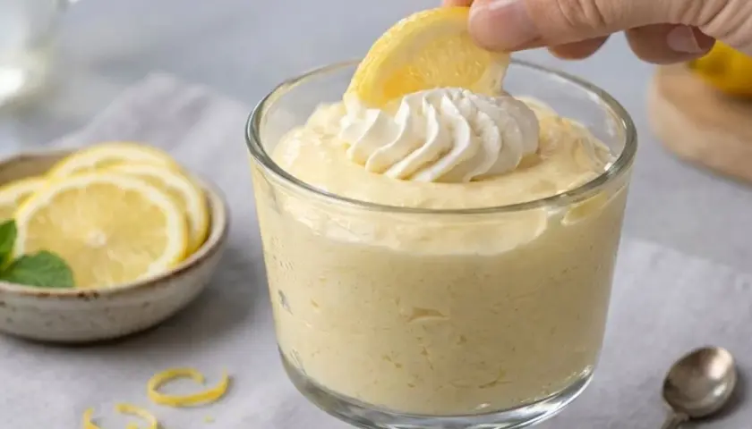 Delicioso mousse de limón, coronado con crema batida y una rodaja de limón, listo para ser disfrutado.