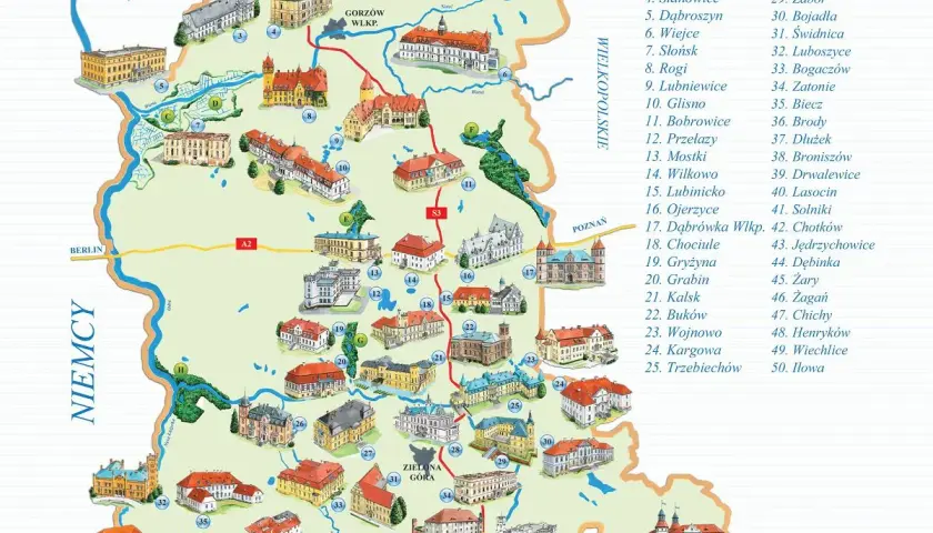 Mapa turystyczna prezentująca zamki lubuskie i okolice.