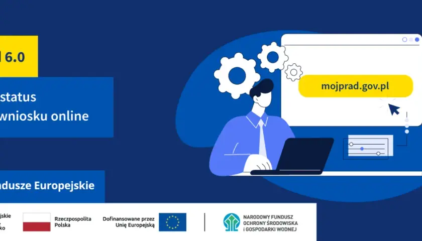 Grafika ilustruje, jak sprawdzić status wniosku Mój Prąd 6.0 online. Widoczna jest strona internetowa mojprad.gov.pl.