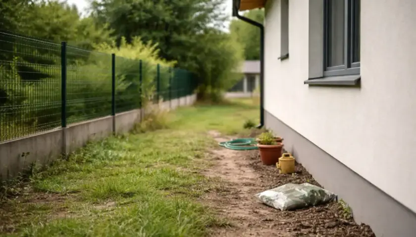 Ścieżka obok domu prowadzi do ogrodzenia. Zastanawiasz się, ile od granicy działki można postawić dom?