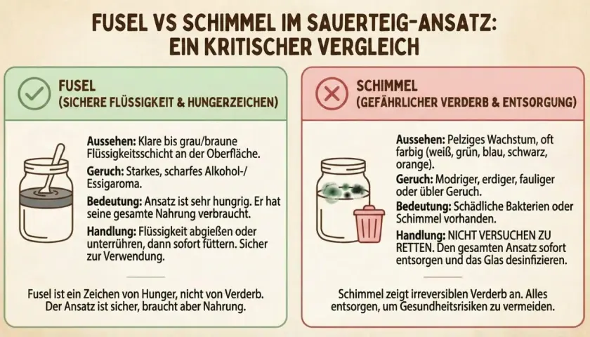 Fusel (klare Flüssigkeit) im Sauerteig ist Hunger, kein Schimmel (pelziges, farbiges Wachstum). Fusel ist sicher, Schimmel muss entsorgt werden.