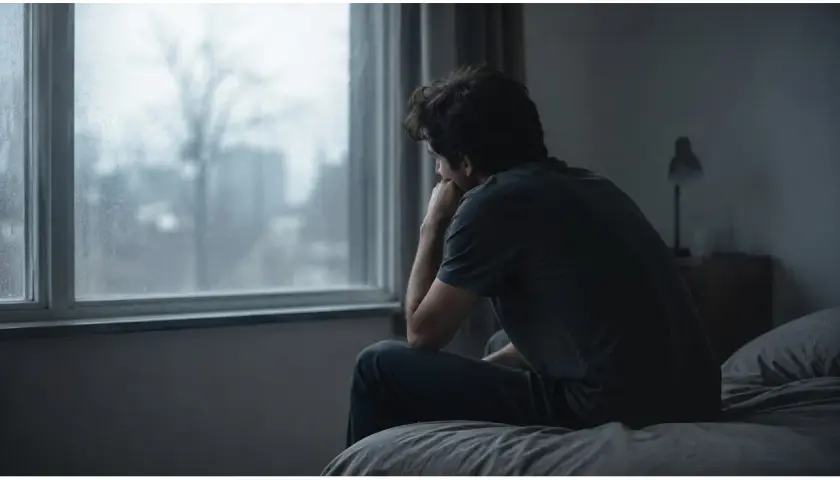 Uomo seduto sul letto, pensieroso, guarda fuori dalla finestra. Potrebbe essere un sintomo di depressione.