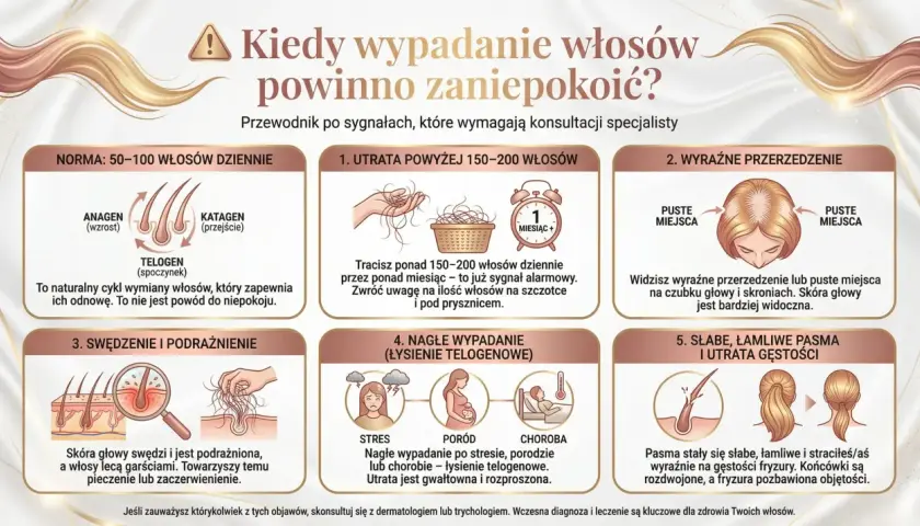 Widoczne przerzedzenie włosów na czubku głowy i skroniach, skóra głowy staje się bardziej widoczna.