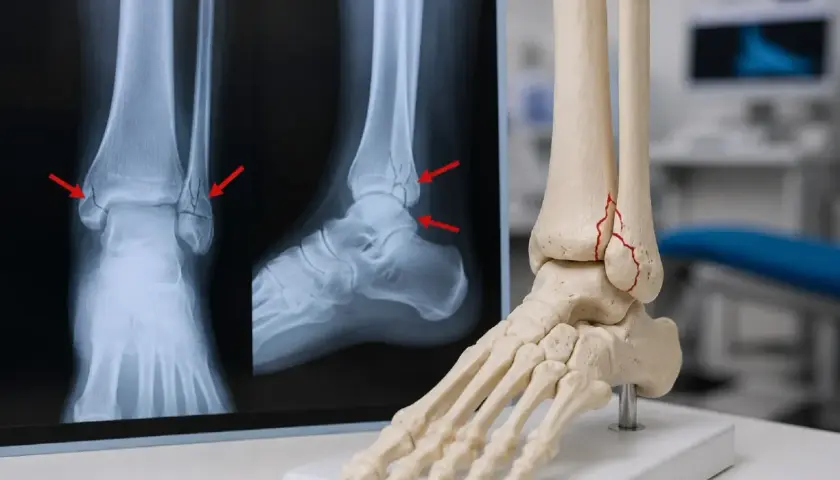 RTG pokazuje złamanie stawu skokowo-goleniowego, zaznaczone czerwonymi strzałkami. Obok model anatomiczny z widocznym pęknięciem kości.