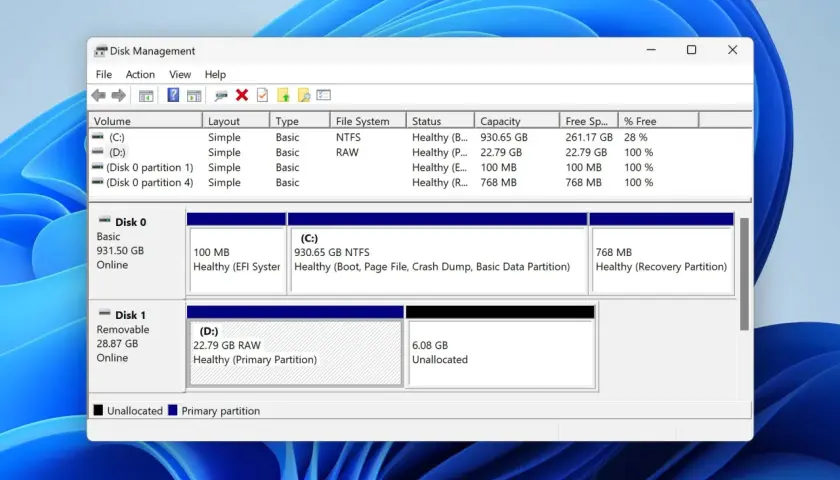 Datenträgerverwaltung zeigt alle Laufwerke an: C: (NTFS), D: (RAW), sowie System- und Wiederherstellungspartitionen.