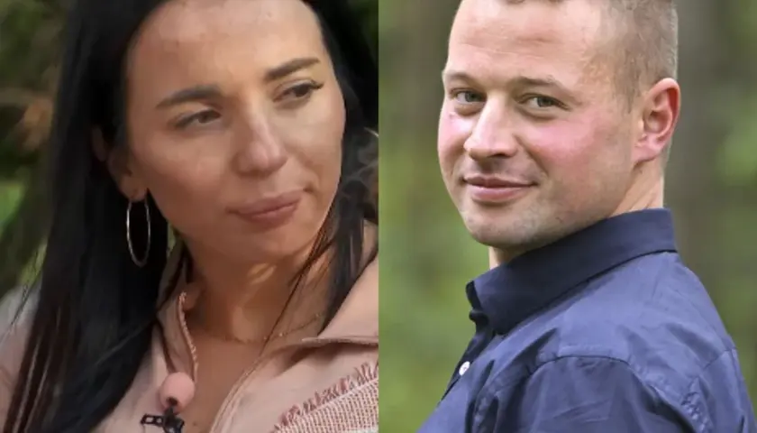 Kobieta i mężczyzna z programu "Rolnik szuka żony 12". Ona w różowej bluzie, on w granatowej koszuli.