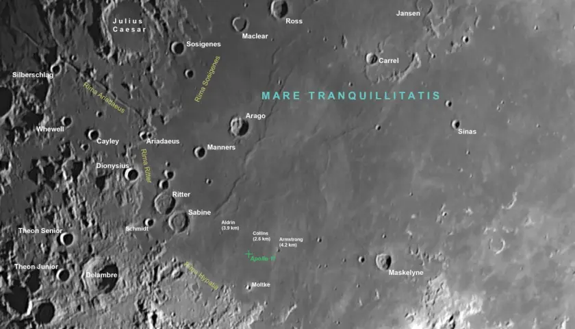 Mapa Księżyca z zaznaczonym miejscem lądowania Apollo 11 na Morzu Spokoju. Widoczne kratery: Julius Caesar, Sosigenes, Arago, Sabine, Moltke.