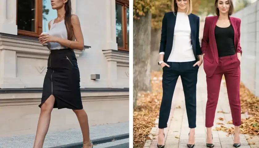 Eleganckie stylizacje na imprezę firmową: czarna spódnica z zamkiem i szpilki, lub garnitury w granacie i bordo.