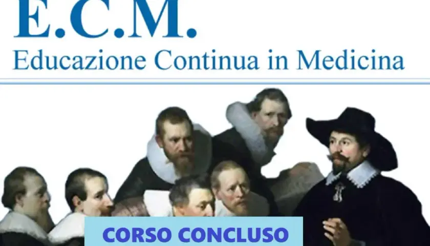 Painting of men in historical attire with text "E.C.M. Educazione Continua in Medicina" and "CORSO CONCLUSO".
