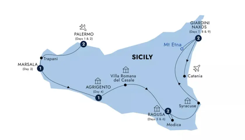 Map showing a 2 week Sicily itinerary, starting in Palermo, then Marsala, Agrigento, Ragusa, Syracuse, Catania, and Giardini Naxos, with Mt Etna highlighted.