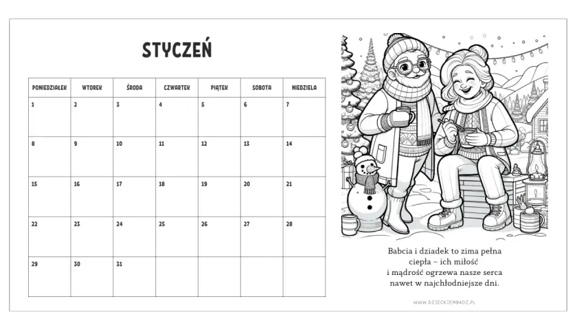 Styczeń. Kalendarz na Dzień Babci i Dziadka z rysunkiem uśmiechniętych seniorów w zimowej scenerii.
