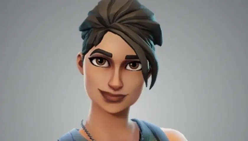 Postać z gry Fortnite, dziewczyna z ciemnymi włosami spiętymi w kok. Jej skóra, czyli bambik skin, jest gotowa do walki.