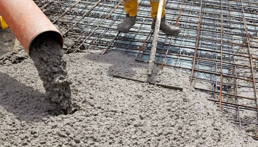 Wylewanie betonu na zbrojenie fundamentów.