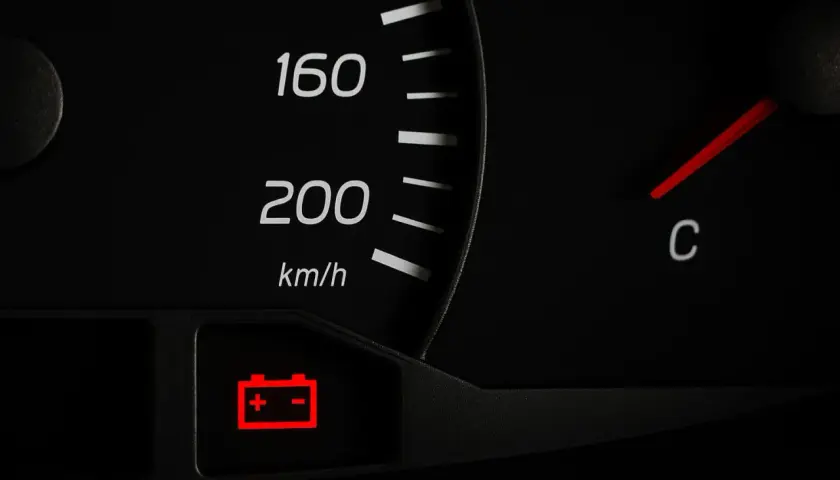 Cruscotto auto: spia volante rossa accesa, indicatore batteria in avaria.