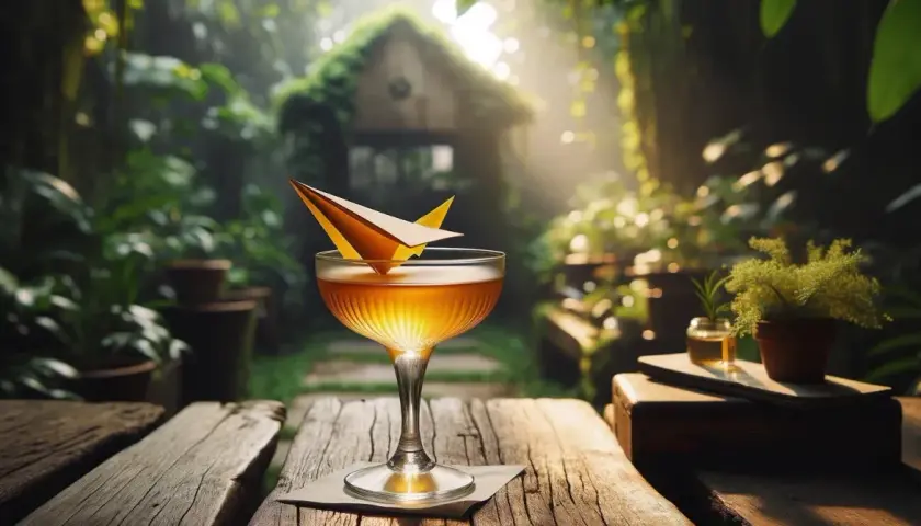 Złocisty drink w kieliszku, ozdobiony papierowym samolocikiem, na tle bujnej, zielonej scenerii.