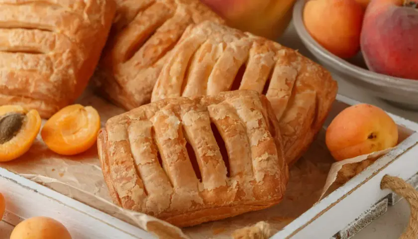 Chrupiące ciastka z ciasta francuskiego z morelami i brzoskwiniami, ułożone na drewnianej tacy.