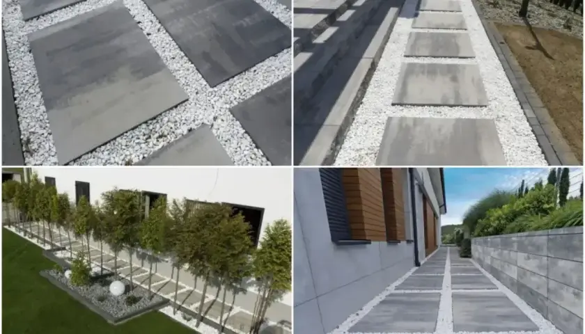 Nowoczesne ścieżki z płyt betonowych i białego żwiru tworzą najtańszą opaskę wokół domu, nadając mu elegancki wygląd.