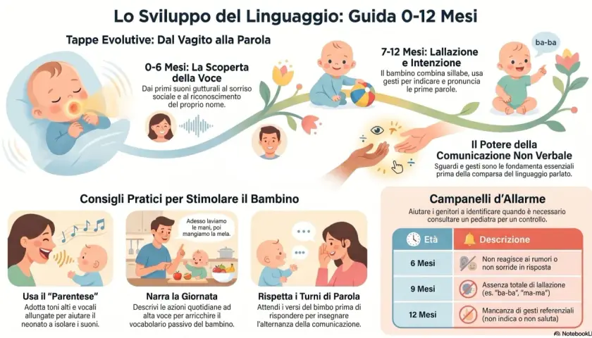 Bambino di 7-12 mesi che fa la lallazione, combinando sillabe e gesti per comunicare le prime parole.