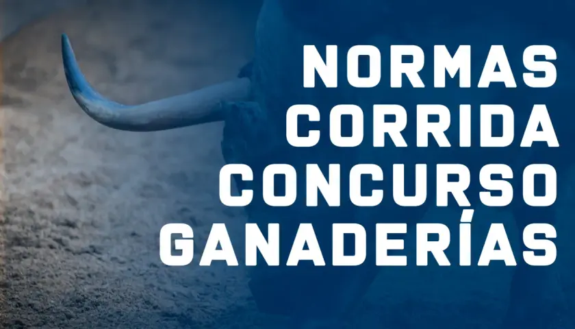 Normas para el concurso de corridas de toros. Un toro con un cuerno visible se alza sobre el texto.
