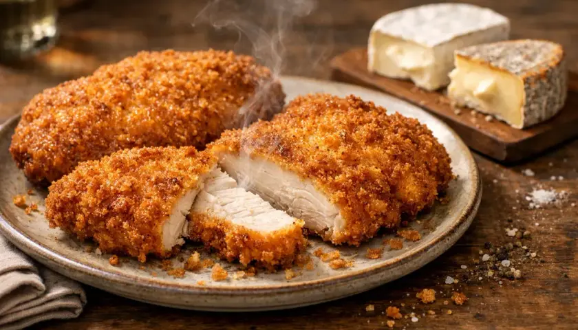 Trois morceaux de poulet pané fumants sur une assiette, accompagnés de fromage et de poivre.