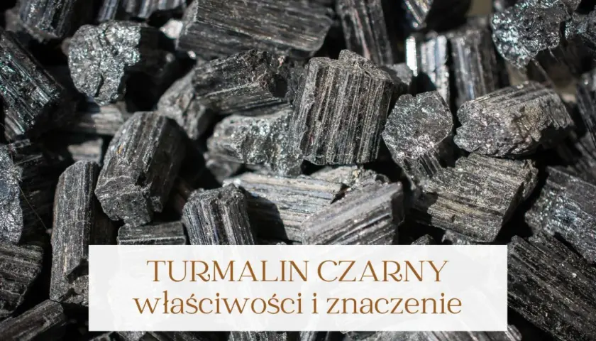 Grupka surowych kryształów turmalinu czarnego, błyszczących w świetle. Kamienie te znane są ze swoich właściwości ochronnych.