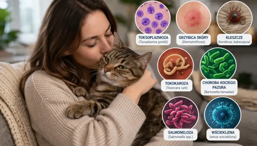 Kobieta tuli kota, a obok grafiki przedstawiające choroby od kota: toksoplazmozę, grzybicę, kleszcze, tokarozę, chorobę kociego pazura, salmonellę i wściekliznę.
