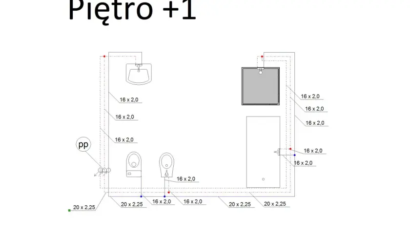 Schemat instalacji wodnej na piętrze +1, z widocznym przekrojem rury 16x2,0 i 20x2,25, prowadzącej do umywalki, WC i prysznica.