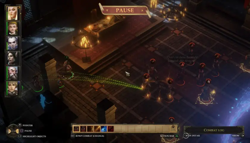 Postacie w grze Pathfinder Kingmaker Spolszczenie w trakcie walki. Widok z góry na arenę.