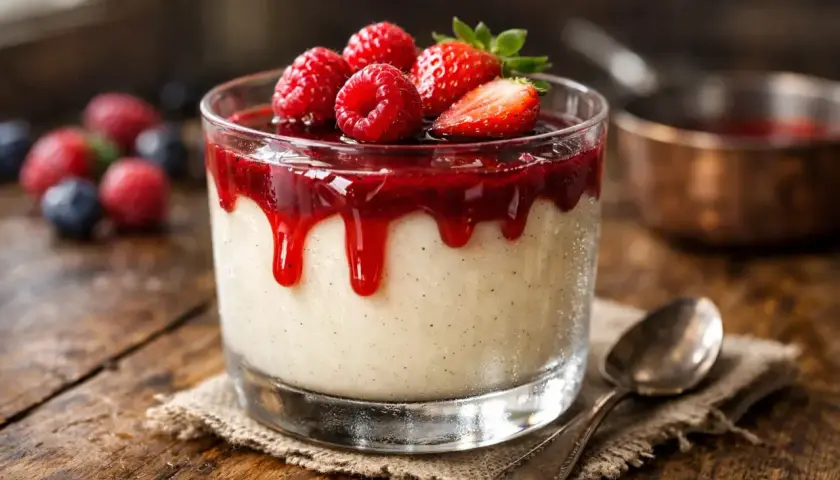 Délicieux panna cotta yaourt, nappé de coulis de fruits rouges et garni de framboises et fraises fraîches. Un délice !