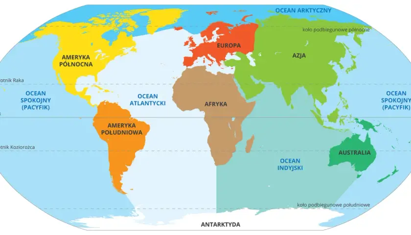 Mapa świata z zaznaczonymi kontynentami: Ameryka Północna, Ameryka Południowa, Europa, Afryka, Azja, Australia i Antarktyda.