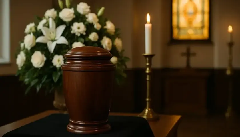 Drewniana urna, białe kwiaty i płonąca świeca. Obraz sugeruje spokój i refleksję nad tym, co czuje dusza podczas kremacji.