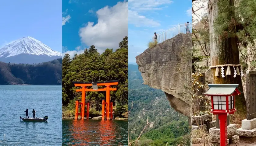 Widoki z wyspy z Tokio: góra Fudżi, torii w wodzie, skalna półka i latarnia przy drzewie.