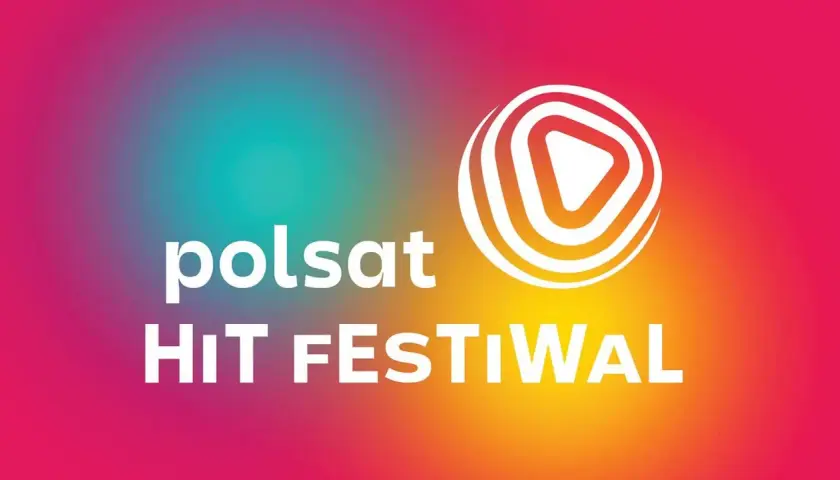 Logo Polsat Hit Festiwal na tle gradientu. Biały napis "polsat" i "HiT FESTIWAL" obok stylizowanego symbolu odtwarzania.
