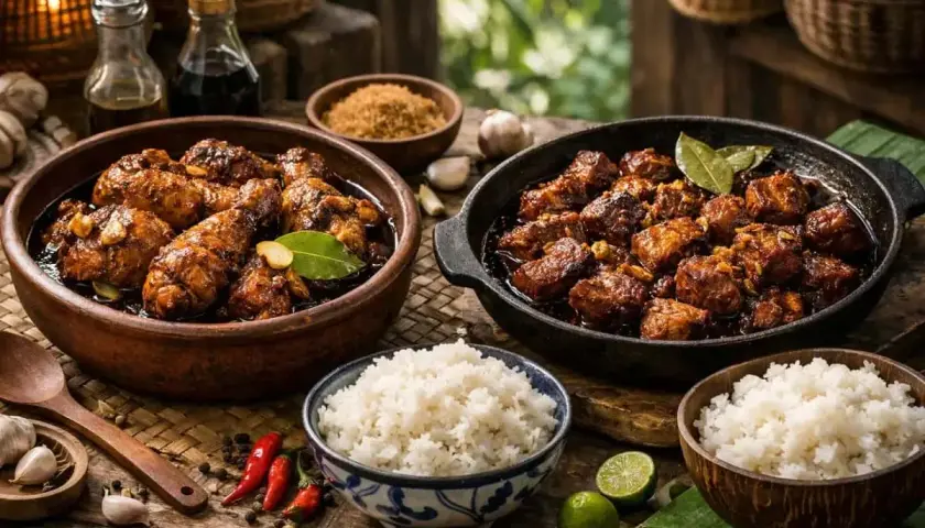 Två skålar med mustig kare kare, en med kyckling och en med fläsk, serveras med fluffigt ris, chili och lime.