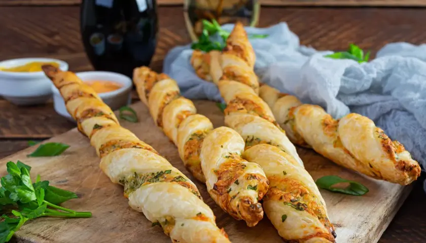 Chrupiące paluchy pizzowe z serem i ziołami, idealne na przekąskę.