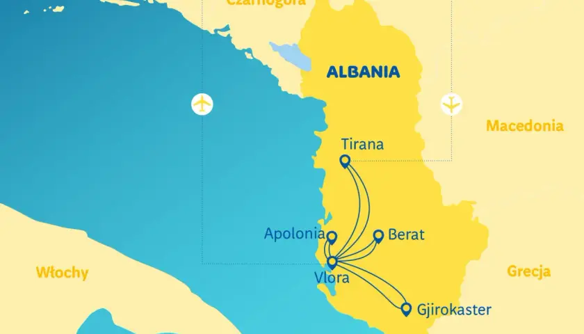 Mapa pokazuje lotniska w Albanii: Tiranę, Wlorę, Apolonię, Berat i Gjirokaster.