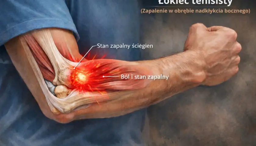 Ilustracja przedstawia łokieć tenisisty, z zaznaczonym stanem zapalnym ścięgien i bólem. Test łokcia tenisisty.