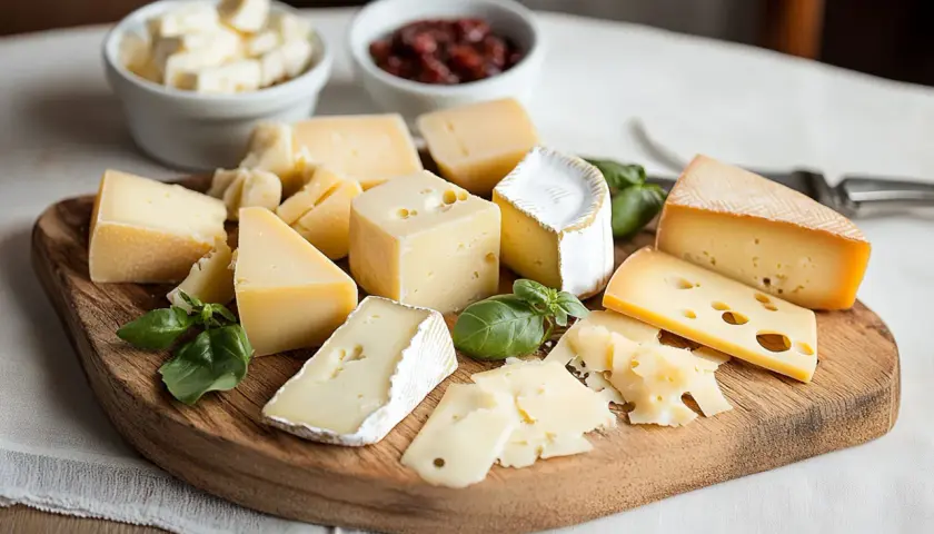Selezione di formaggi su tagliere di legno, tra cui spicca un delizioso formaggio di capra, accompagnato da basilico fresco e marmellata.