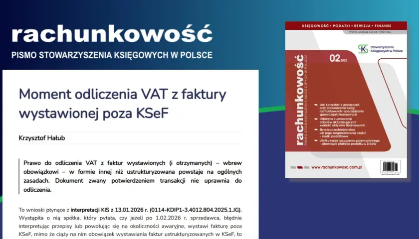Okładka czasopisma "Rachunkowość" z artykułem o odliczaniu VAT z faktur wystawionych poza KSeF.