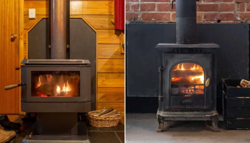 Deux poêles à bois, l'un moderne dans un chalet, l'autre ancien sur fond de briques. L'isolation poele a bois est essentielle pour la sécurité et l'efficacité.