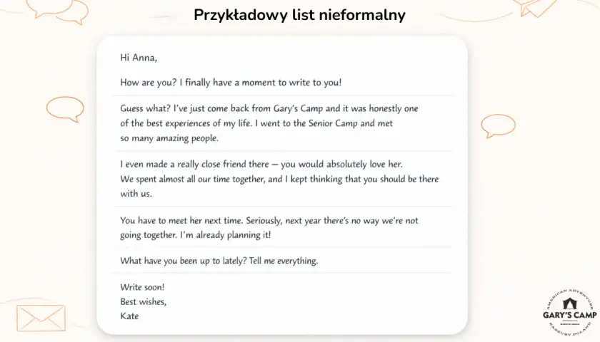 Nieformalny list od Kate do Anny, opisujący wspaniałe doświadczenia z Gary's Camp.
