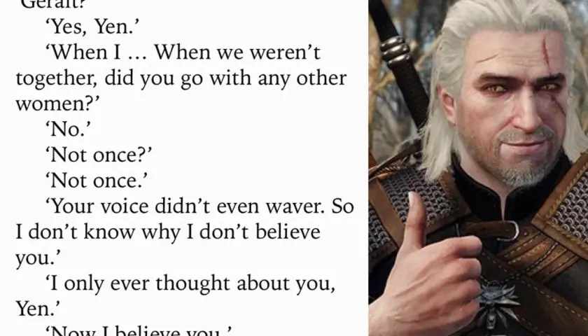 Geralt z Rivii, dając kciuk w górę, potwierdza swoje uczucia. Te wiedźmin cytaty pokazują jego wierność.