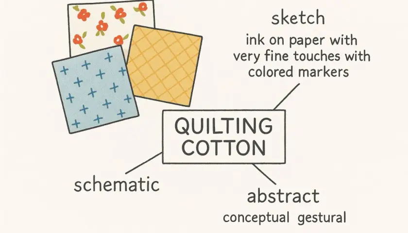 Three fabric swatches with different patterns, labeled "QUILTING COTTON." Can you use quilting cotton for clothing? Yes, it's versatile!