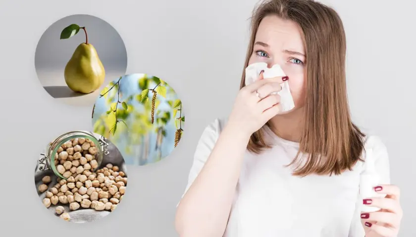 Alergia? Gruszka, pyłki brzozy i ciecierzyca mogą wywoływać objawy. Kobieta z chusteczką przy nosie.