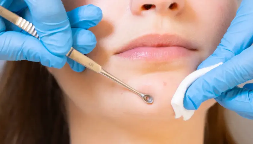 Un professionnel utilise un outil pour extraire un point noir, dans le cadre d'un soin visage en institut.