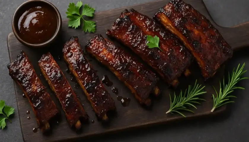 Des côtes de porc barbecue, laquées et brillantes, servies sur une planche en bois avec une sauce et des herbes fraîches.