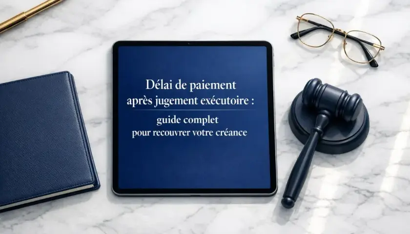 Un marteau de juge, des lunettes, un carnet et une tablette affichant "Délai de paiement après jugement exécutoire : guide complet pour recouvrer votre créance". J'ai gagné en cours d'appel !