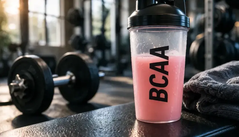 Shaker z napojem BCAA obok hantli na siłowni. To klucz do regeneracji mięśni po treningu.