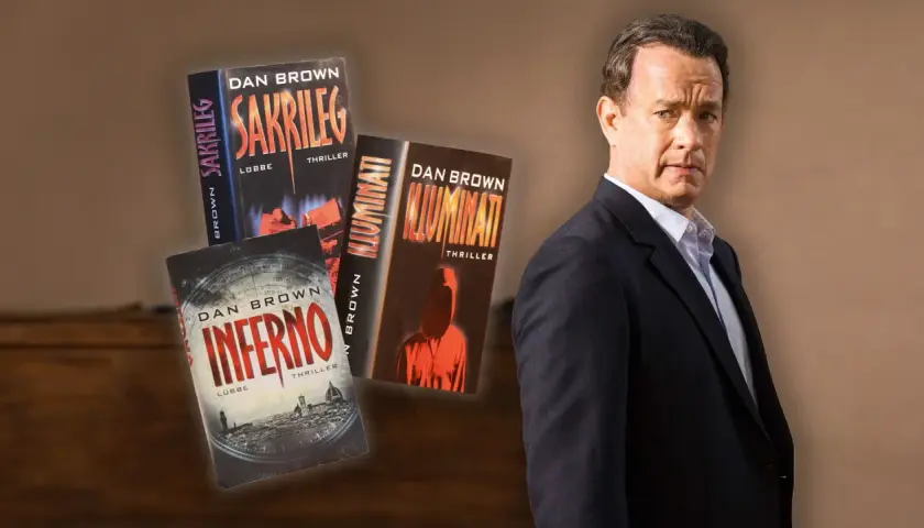 Tom Hanks als Robert Langdon, umgeben von Büchern von Dan Brown: Sakrileg, Illuminati und Inferno.