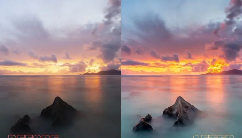 Zachód słońca nad morzem. Porównanie zdjęć "przed" i "po" edycji z użyciem darmowych presetów Lightroom.